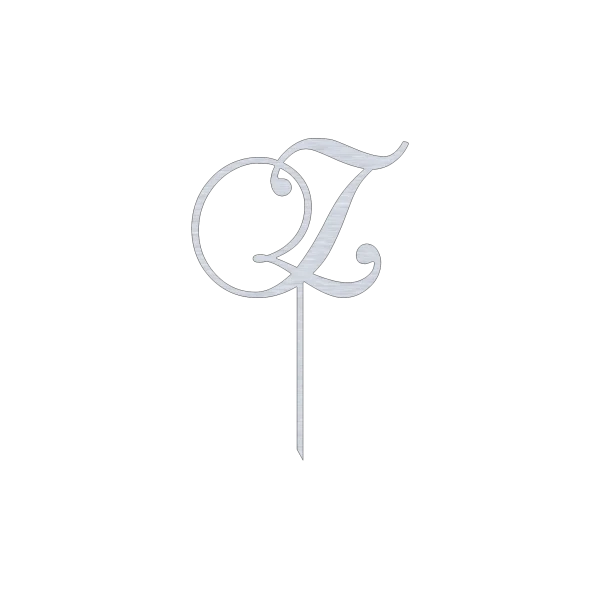 This elegant 'Z' monogram cake topper features a swirl script design and is crafted from high-quality aluminum. With its natural aluminum finish, it adds a sophisticated touch to any cake, making it ideal for weddings, birthdays, and other special events. Measuring 7.5 inches in width and 11 inches in height, it is both durable and visually appealing.